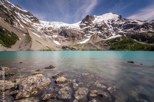 turquoise glacier fed water of upper joffre lake in the wilderness of British Columbia, Canada