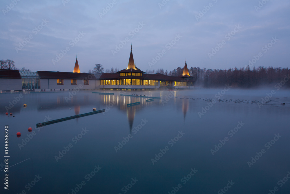 Heviz lake at night in Hungary at winter