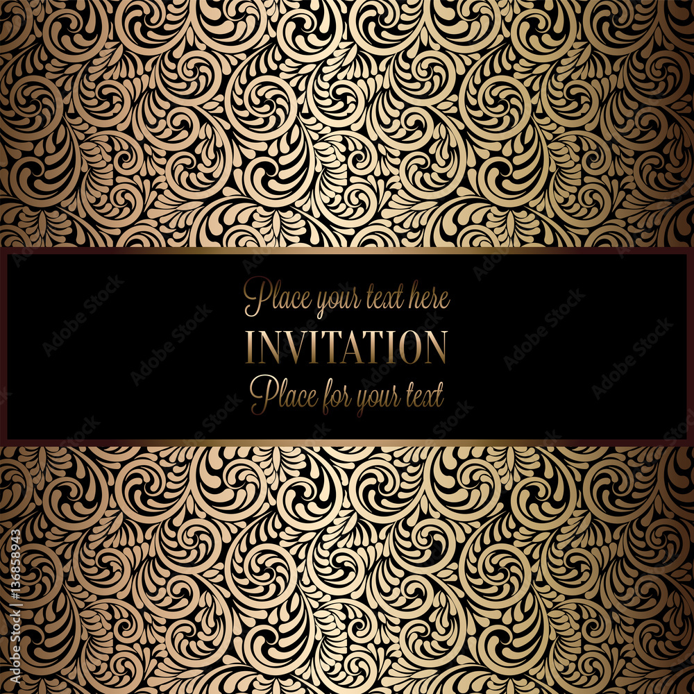 Abstract background with antique, luxury black and gold vintage frame, victorian banner, damask floral wallpaper ornaments, invitation card, baroque style booklet, fashion pattern, template for design