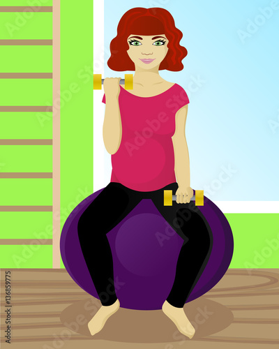 Pregnant woman on fitball in gym