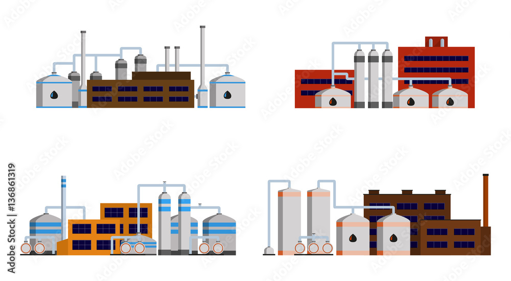 Oil refinery industry building. Set of petrochemical factories. Vector illustration.