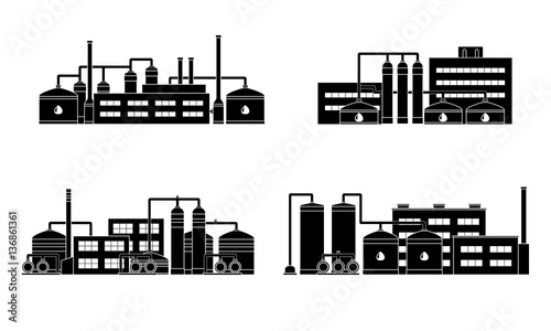 Oil refinery industry building. Set of petrochemical factories. Vector illustration.