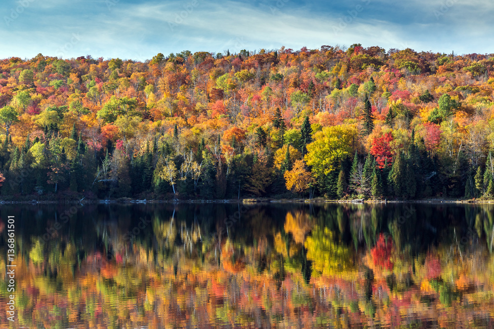 Fototapeta premium fall reflection, colorful trees reflected in Lake Bouchard in La Mauricie National Park, Quebec, Canada in Autumn.