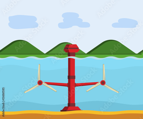 Tidal power station. Flat style cartoon tidal tower station. Innovation clean power. Vector illustration.