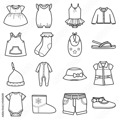 Baby clothes icons set.Clothing for girl.