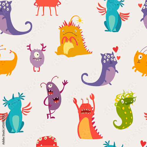 Monsters seamless pattern vector illustration. Doodle pattern with happy cheerful creature cyclops. Vivid fabulous incredible creatures. Monsters with lot of eyes and wings