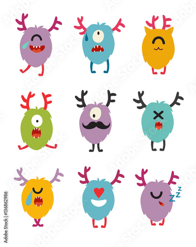 Emoji monsters. Cute cyclops vector set. Cartoon  funny emoticons. Monsters stickers  flat cartoon style. Isolated on white background