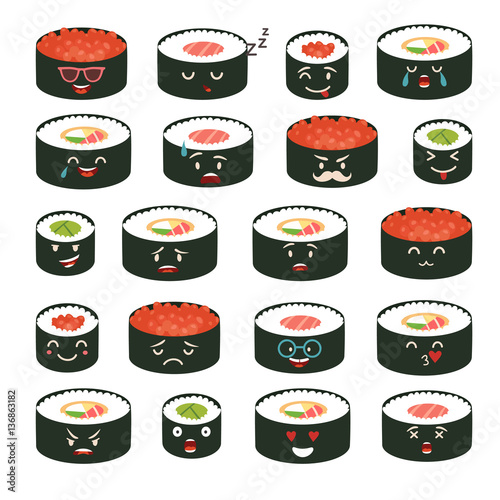 Sushi emoji vector set. Emoji sushi with faces icons. Sushi roll funny stickers. Food, cartoon style. Vector illustration isolated on white background