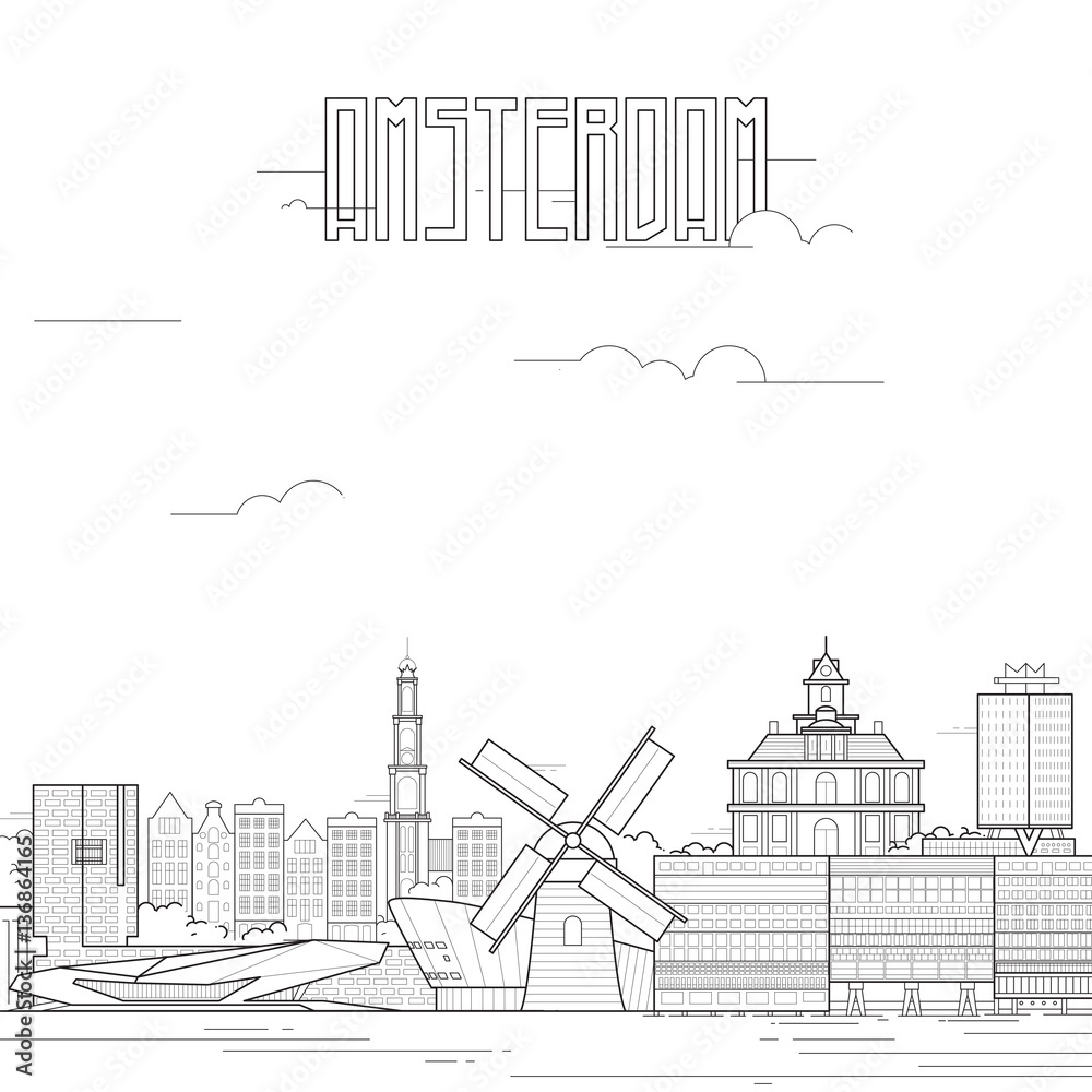 Amsterdam city with iconic buildings. Line art flat design. Vector illustration.