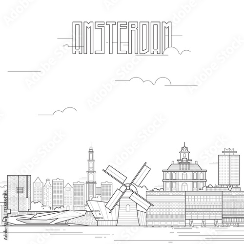 Amsterdam city with iconic buildings. Line art flat design. Vector illustration.