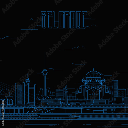 Belgrade city with iconic buildings. Line art flat design. Vector illustration.