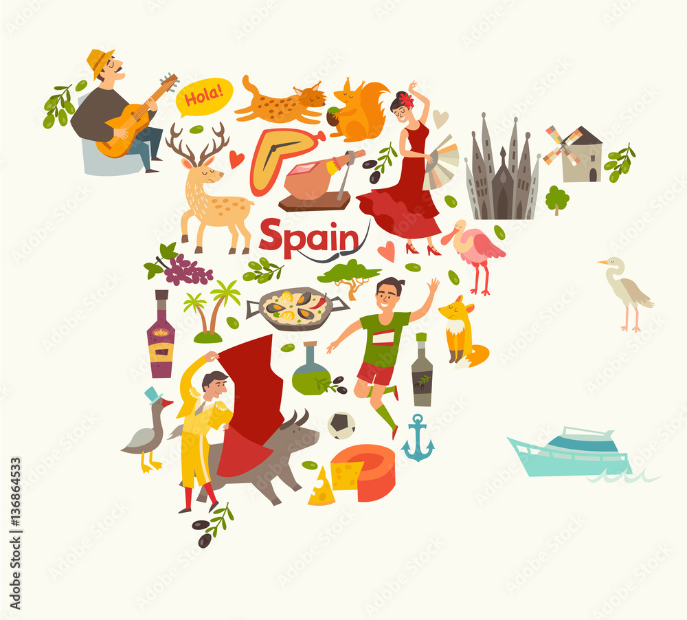 Spain map vector, contour. Illustrated map of Spain for children/kid. Cartoon abstract atlas of Spain with landmark: flamenco, guitar, sangria, paella, bullfight and jamon