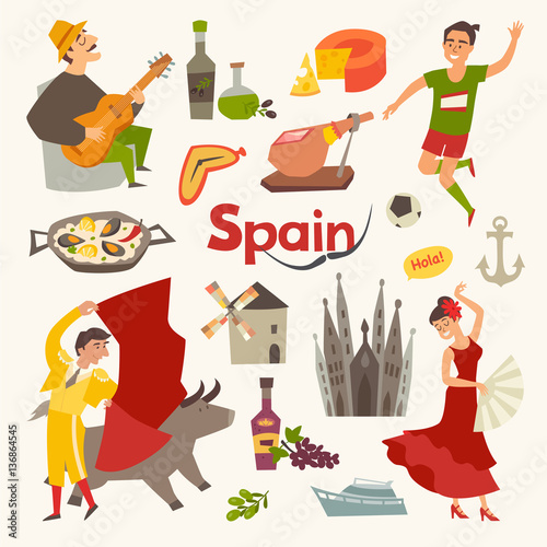 Spain traditional symbols set.Travel tourist element.Hola sign.Traditional spainish corrida, flamenco, guitar.Spanish food: jamon, olive oil, paella,sangria cartoon style.Isolated vector illustration