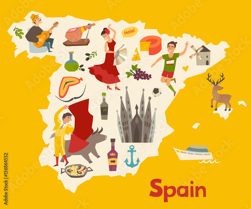 Spain map vector. Illustrated map of Spain for children/kid. Cartoon abstract atlas of Spain with landmark: flamenco, guitar, sangria, paella, bullfight and jamon