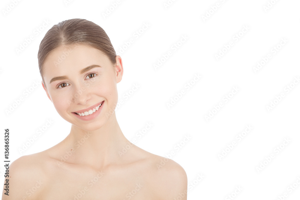 Woman with a natural beauty makeup look - isolated over a white background with copyspace Woman with a natural beauty makeup look - isolated over a white background with copyspace