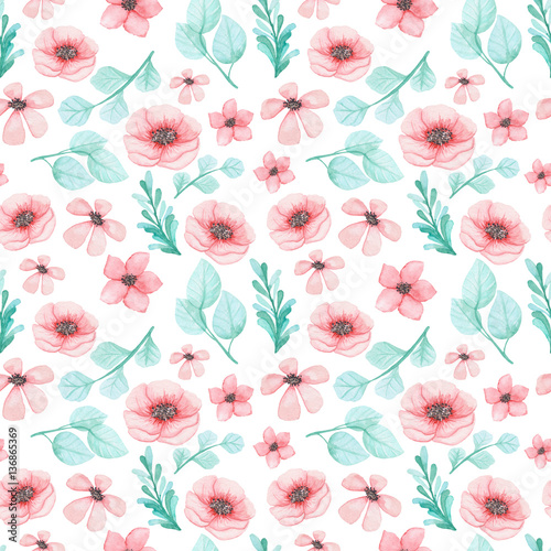 Watercolor Flowers And Blue Leaves Seamless Pattern