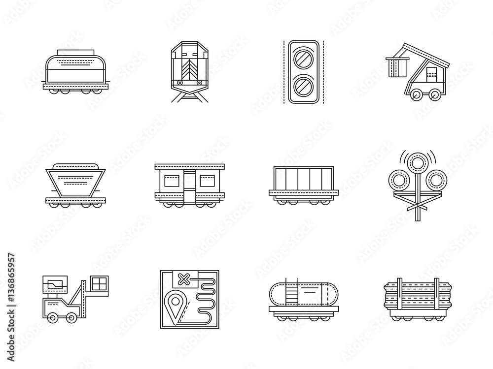 Railroad traffic and cars flat line vector icons