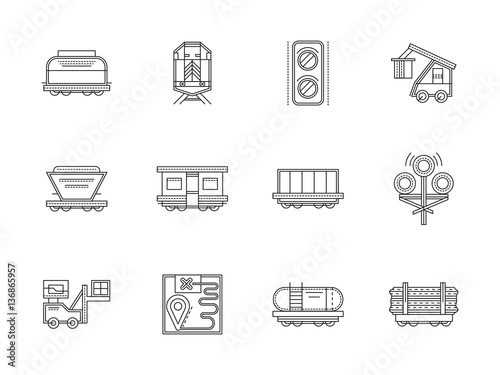 Railroad traffic and cars flat line vector icons