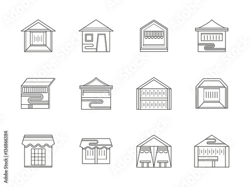 Trade tents flat line vector icons set