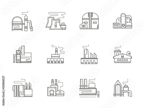 Industrial buildings flat line vector icons set