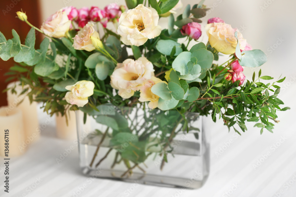 Flower arrangement on a white table