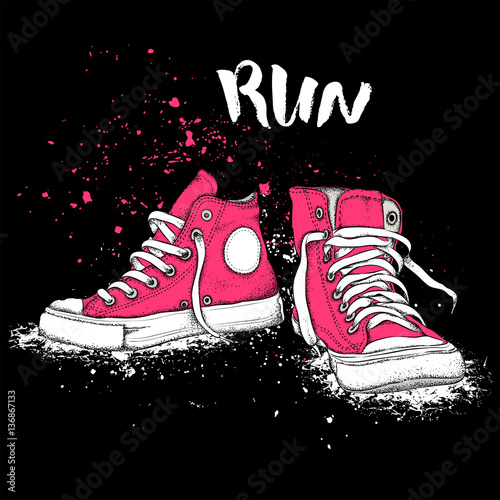 Hand drawn sneakers on white background. Run Concept. Vector illustration