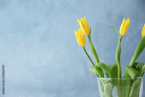 Glass vase with bouquet of beautiful tulips on color background