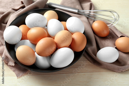 Plate with raw eggs on kitchen table