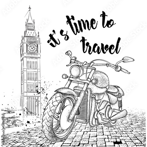 Hand drawn vintage motorcycle on background. London, Big Ben. Vector illustration