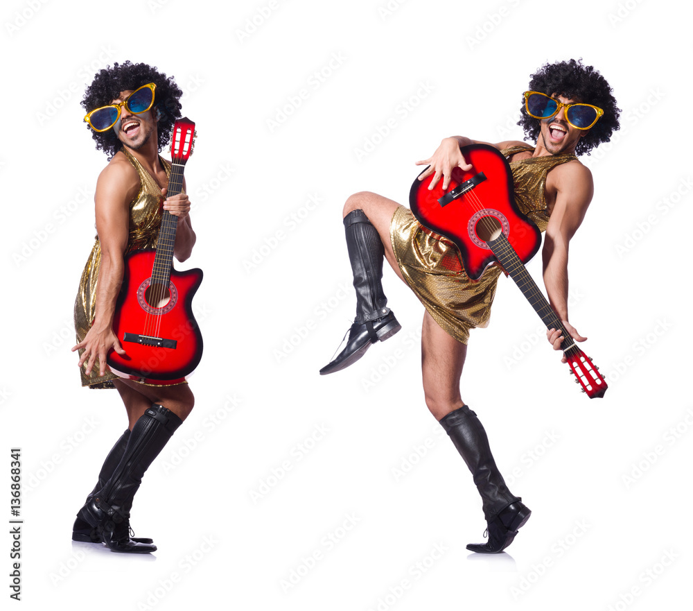Man in woman clothing with guitar Man in woman clothing with guitar