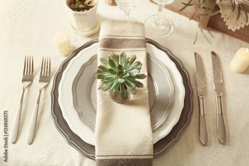 Table served with succulents for dinner in living room
