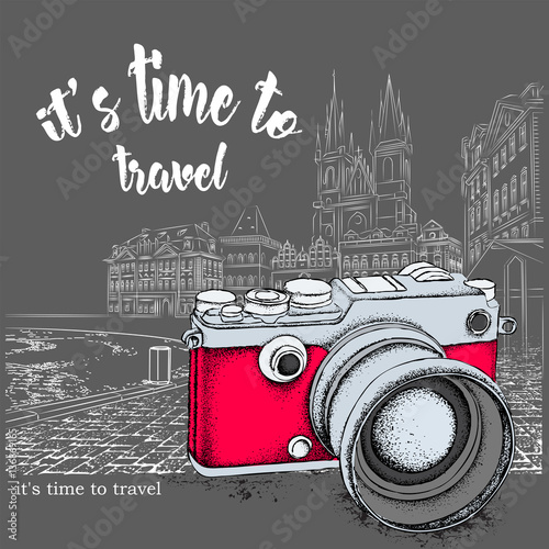 Hand drawn vintage camera on Vintage sketch of the urban landscape. The old city of Prague. Run Concept. London, Big Ben. Vector illustration