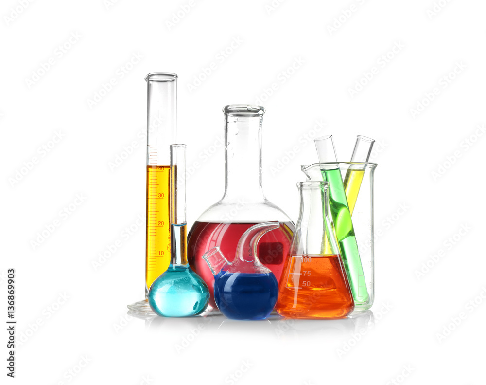 Laboratory glassware with samples on white background Laboratory glassware with samples on white background
