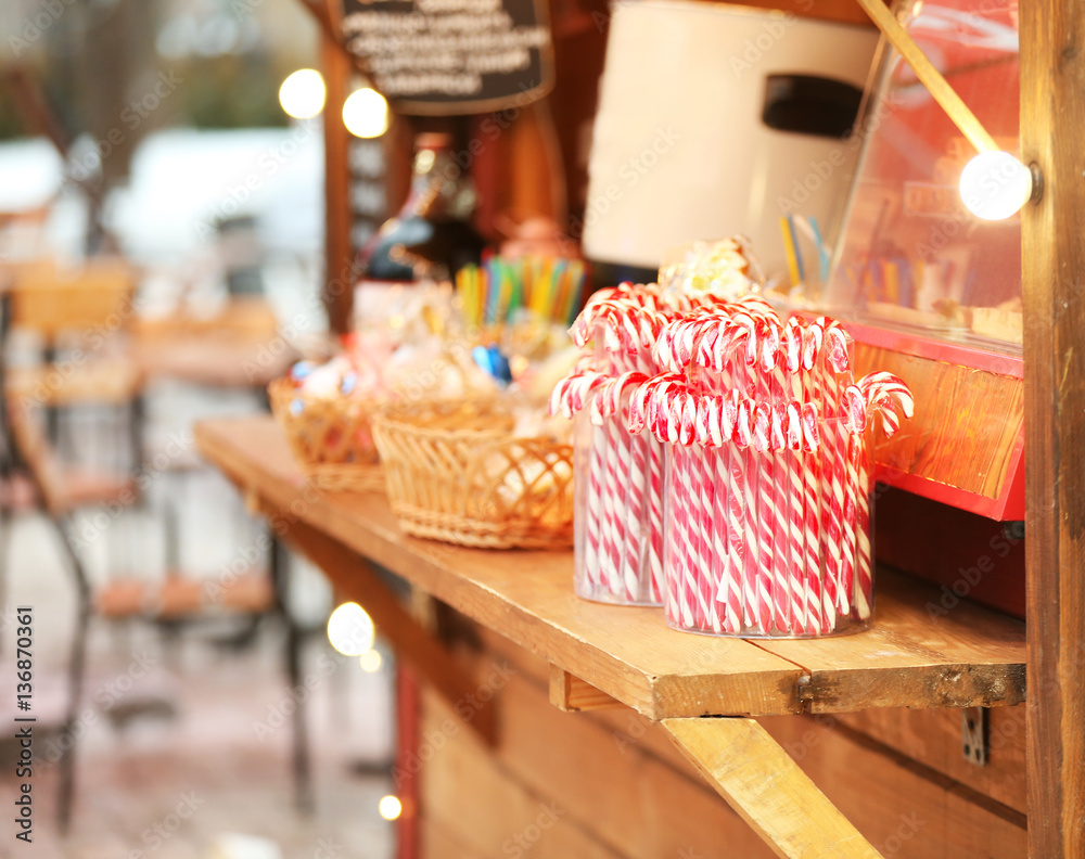 Kiosk with candies at traditional Christmas fair Kiosk with candies at traditional Christmas fair