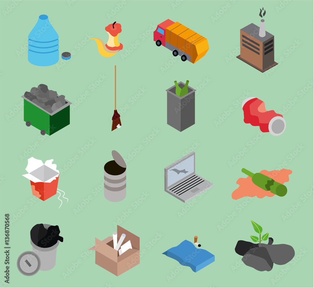 Garbage isometric icons collection. Flat vector illustration. Stock ...