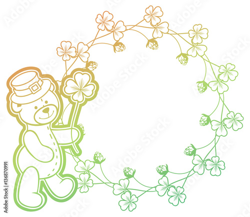 Gradient frame with shamrock and cute teddy bear. Raster clip art.