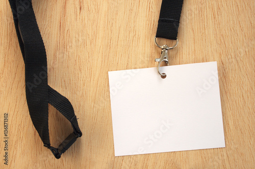Empty white card on black trade fair lanyard