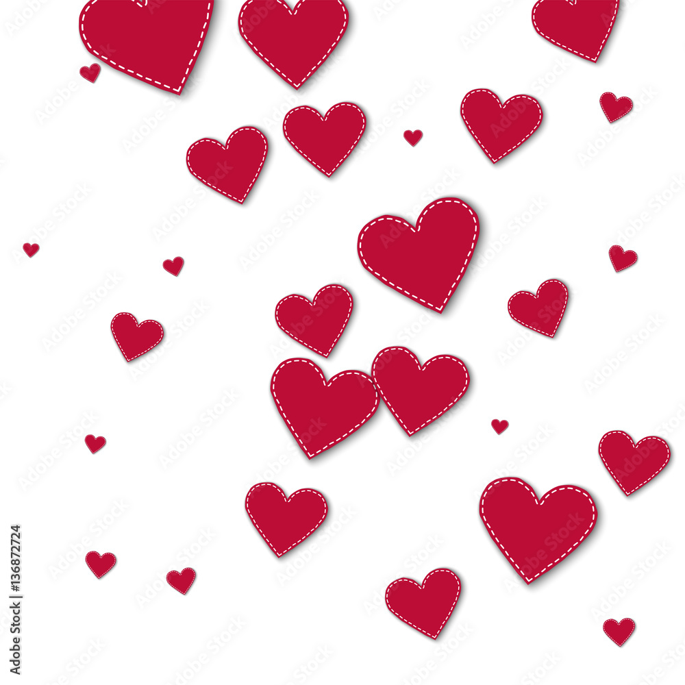 Red stitched paper hearts. Chaotic scatter lines on white background. Vector illustration.