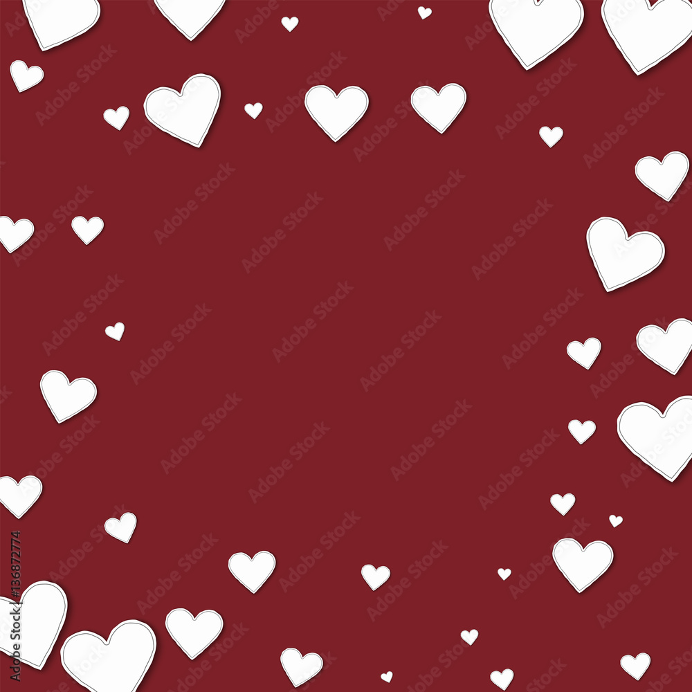 Cutout paper hearts. Square scattered frame on wine red background. Vector illustration.