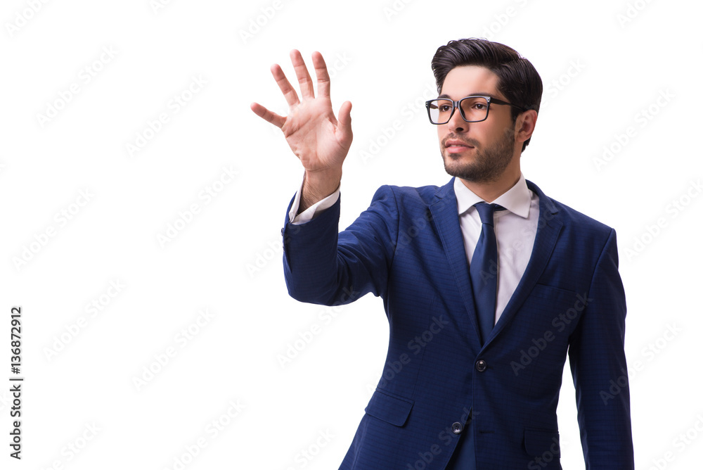 Young businessman pressing virtual buttons isolated on white Young businessman pressing virtual buttons isolated on white