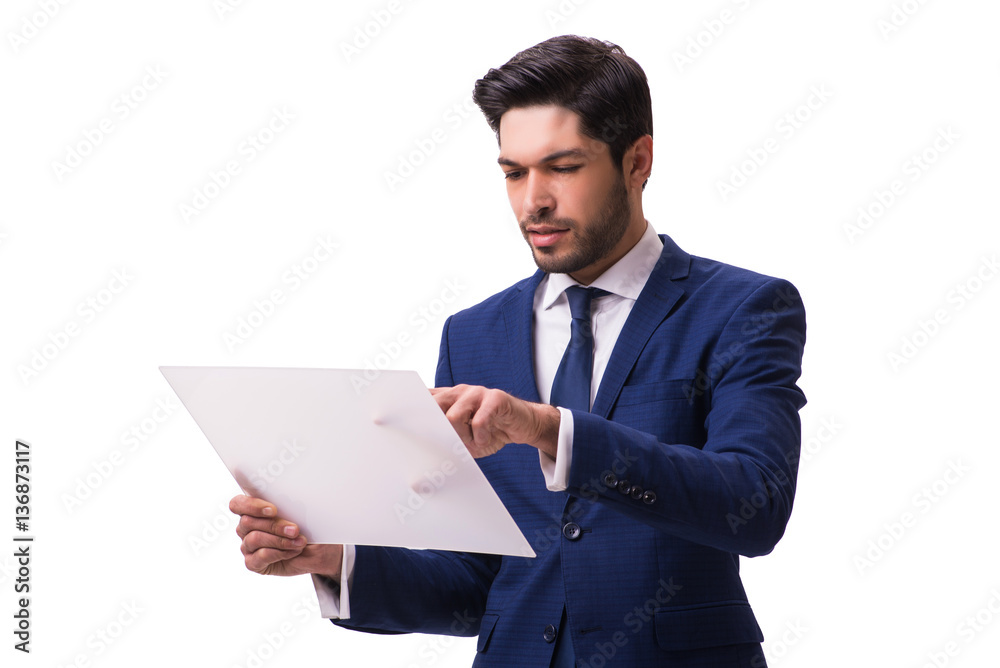 Businessman working on tablet isolated on the white background Businessman working on tablet isolated on the white background