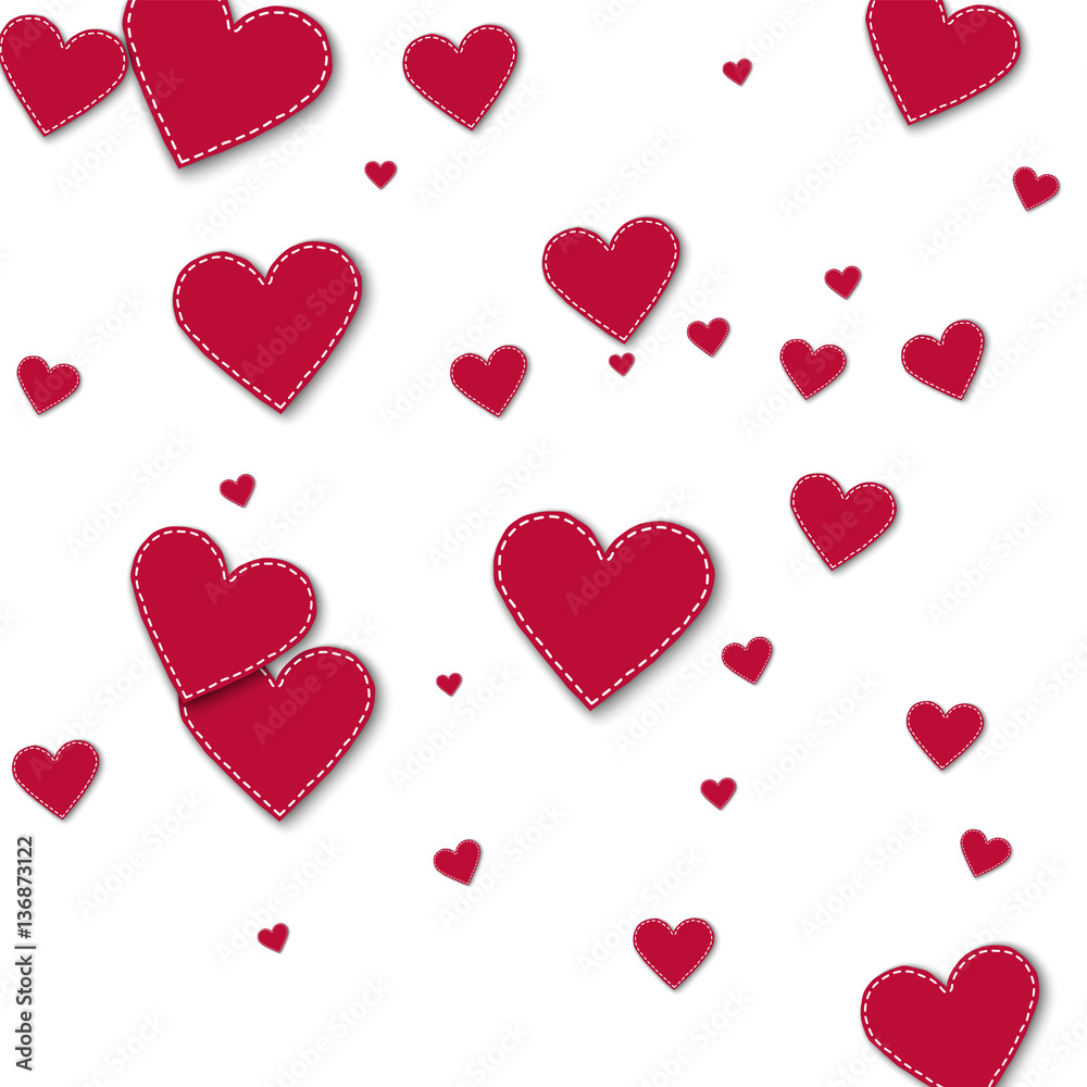 Red stitched paper hearts. Scatter horizontal lines on white background. Vector illustration.