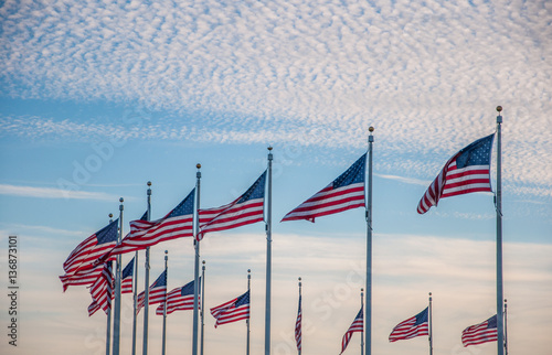 United States Flags Circling the Washington Monument at Sunset, Washington D.C.