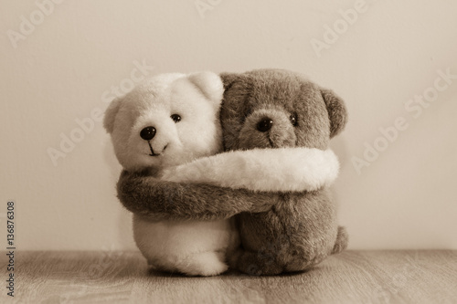 Fototapet White and brown teddy bears hugging.