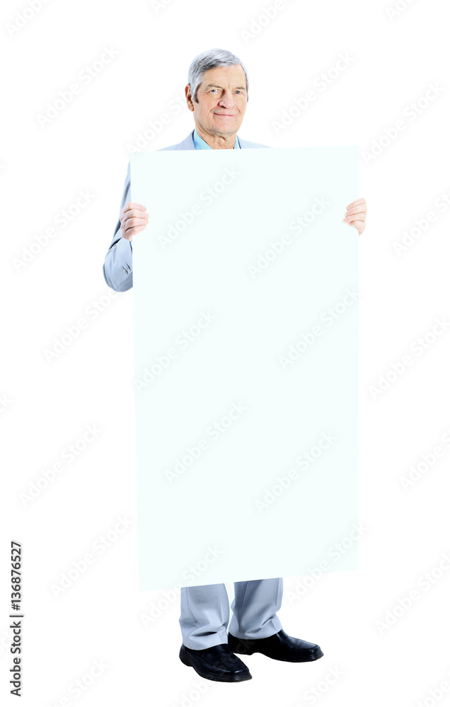 Nice businessman at the age holds white poster Nice businessman at the age holds white poster