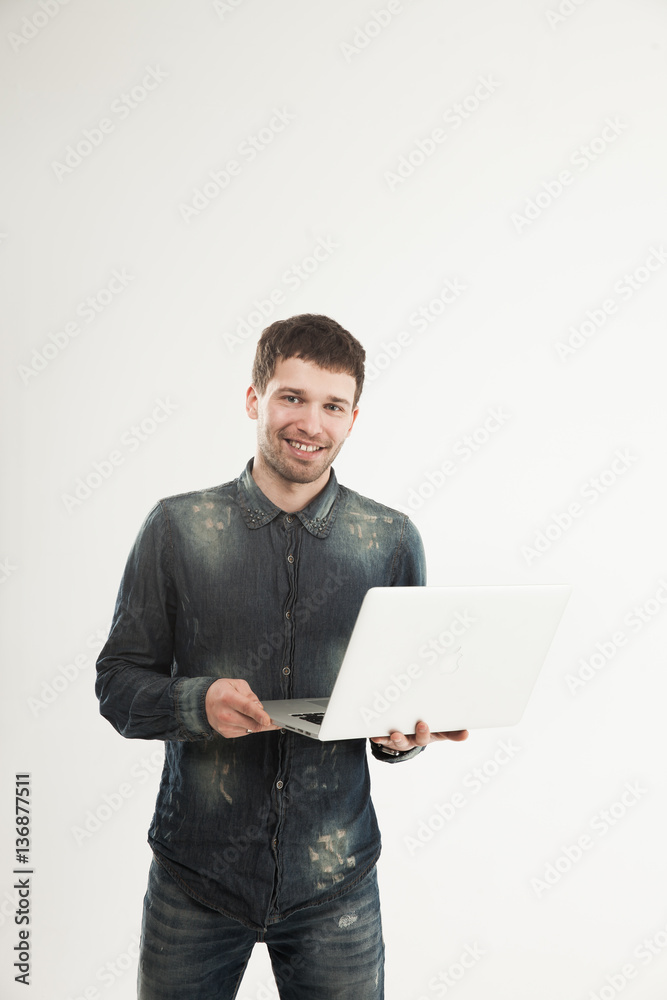 portrait marketing Manager with notebook on a white background