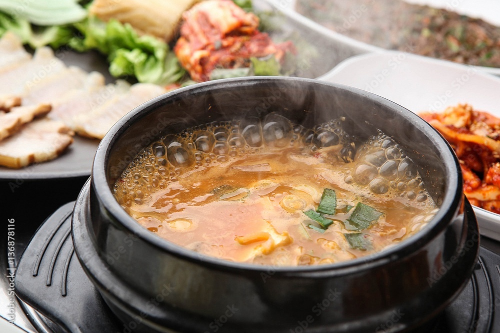cheonggukjang jjigae is korean style tofu stew, korean traditional soup, cheonggukjang jjigae is korean style tofu stew, korean traditional soup,