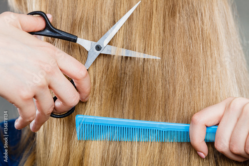 Woman cutting down smoothy hair. photo