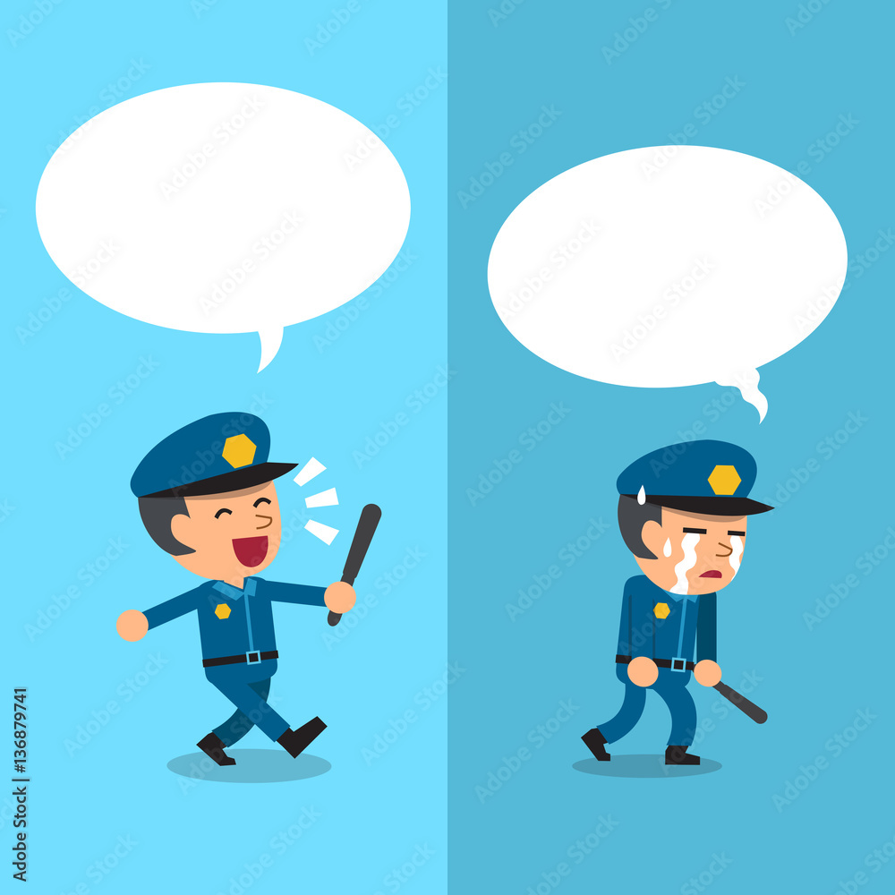 Cartoon policeman expressing different emotions with white speech bubbles Cartoon policeman expressing different emotions with white speech bubbles