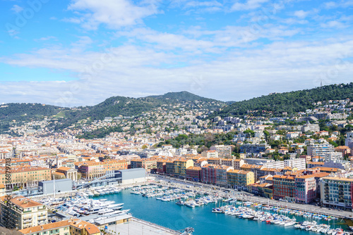 Fototapeta Naklejka Na Ścianę i Meble -  Aerial View on Port of Nice and Luxury Yachts, French Riviera